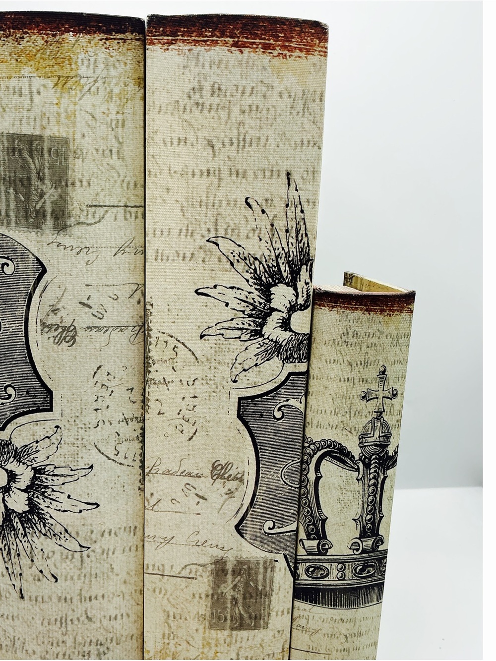 Vintage Neutral Beige Floral Crown Wood Book Box Set